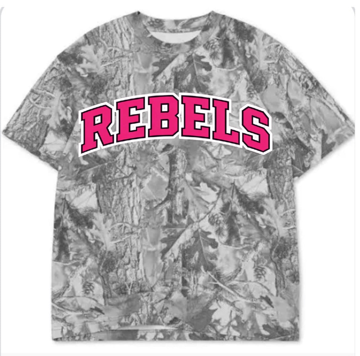 Rebels varsity arch on dark camo tee