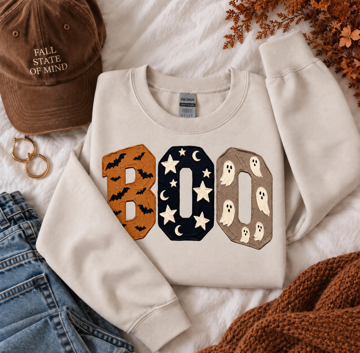 BOO Halloween faux different patterns on Sand Gildan Sweatshirt FLASH SALE