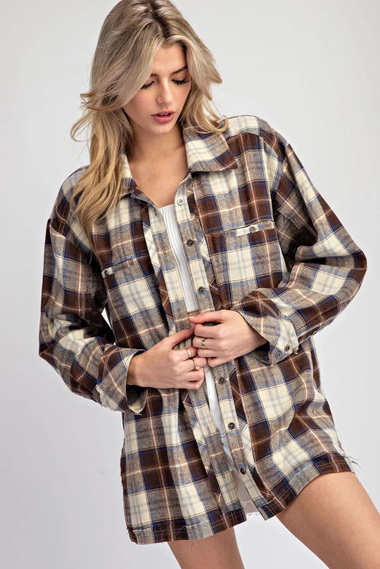 BROWN LONG SLEEVE BUTTON DOWN FLANNEL JACKET