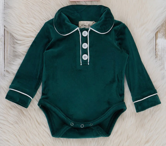 Youth Emerald Green Velvet Polo Romper