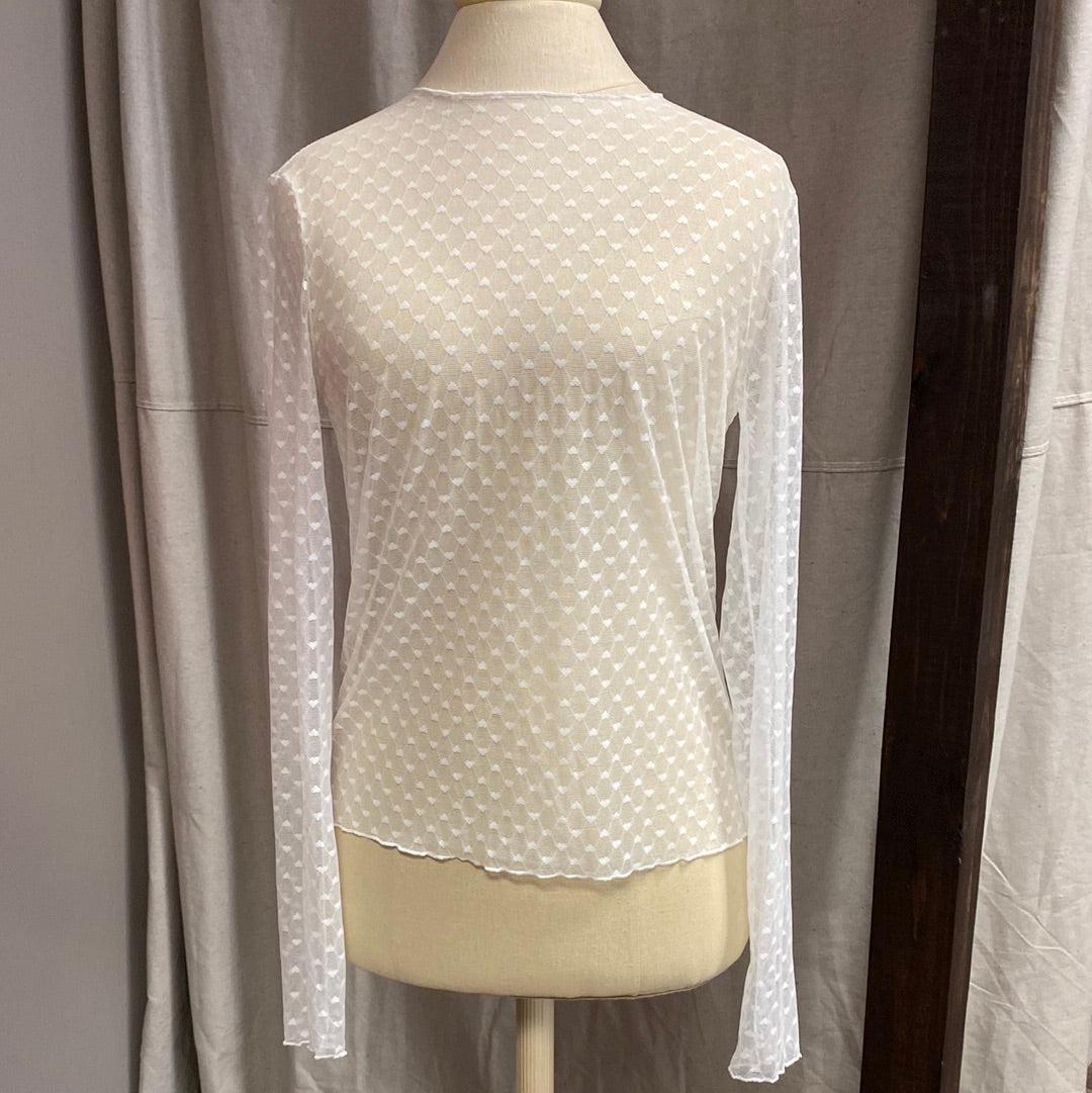 HEART JACQUARD WHITE MESH LONG SLEEVE TOP