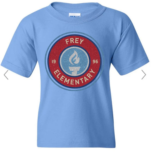 FREY ELEMENTARY LOGO FAUX GLITTER on Carolina blue