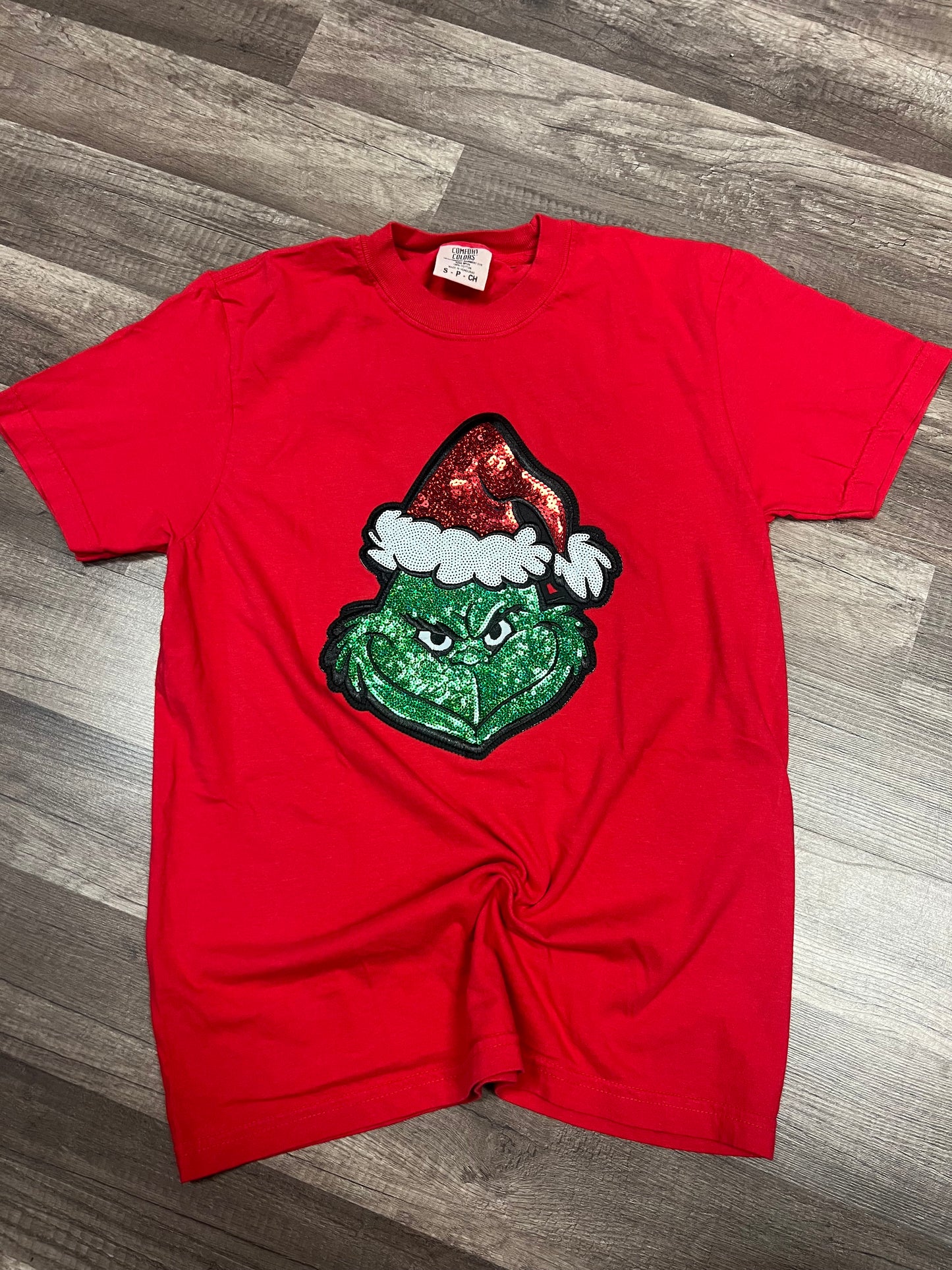 Grinch face sequin patch embroidered tee