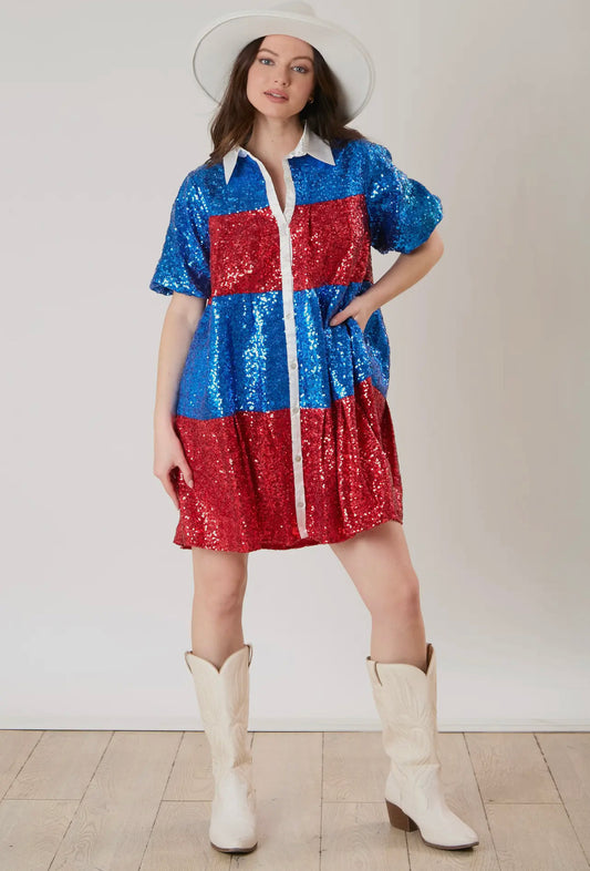 Blue/Red Color Block Sequin Dress