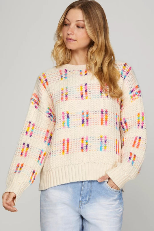 LONG SLEEVE CREW NECK MULTI COLOR PATTERN SWEATER CREAM