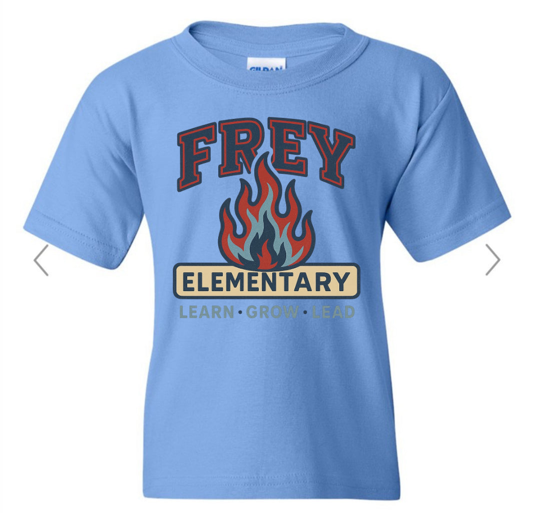 FREY ELEMENTARY- learn grow lead with flame in the middle on Carolina blue