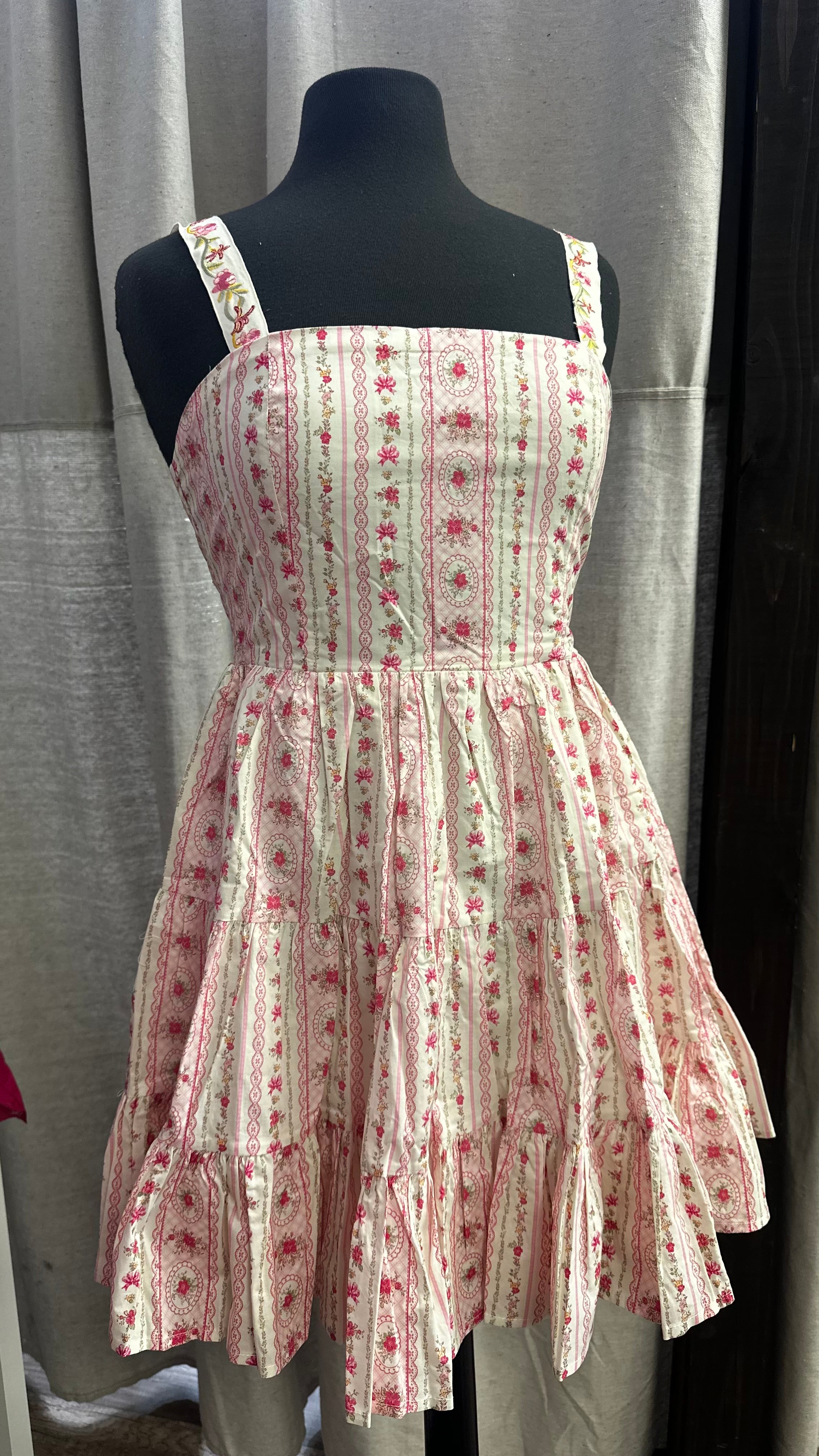 Embroidered Strap Tiered Mini Dress - cream/fushcia multi sale