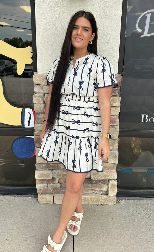 Two Tone Bow Print Flutter Button Down Dress