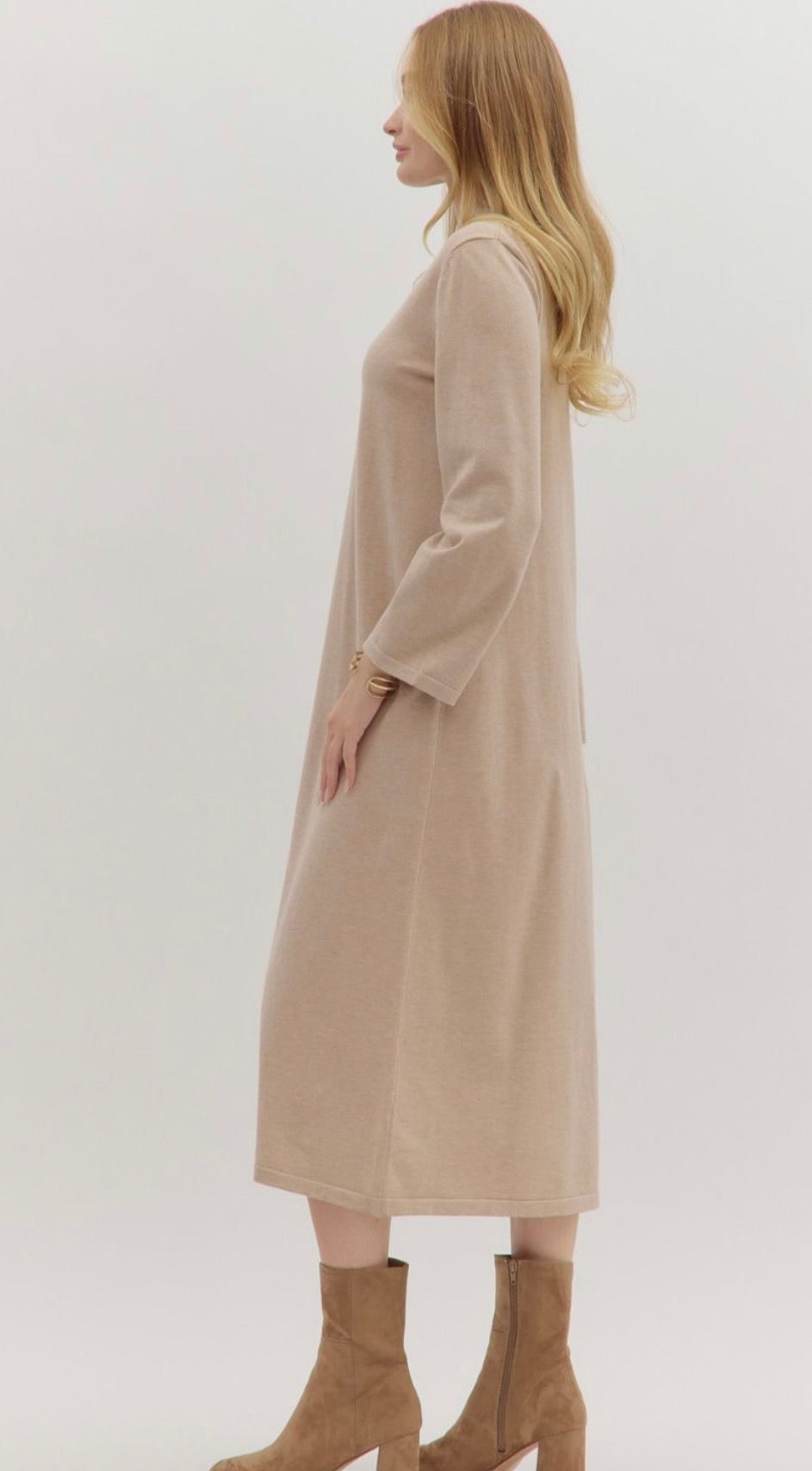 Solid mock neck long sleeve midi dress