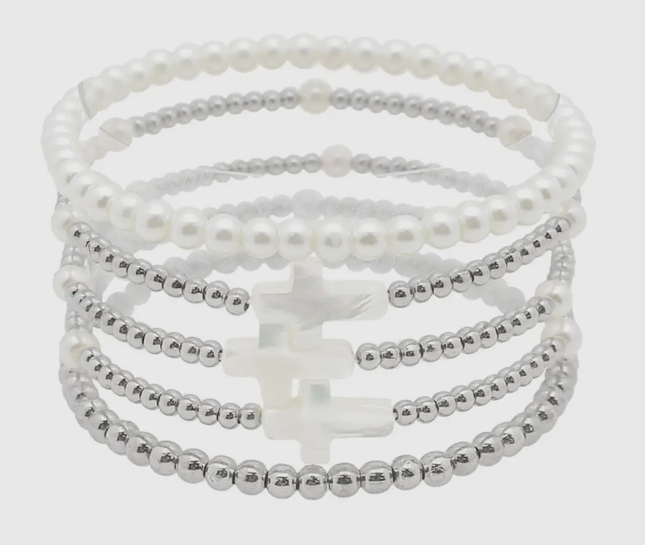 Mother of Pearl across Multi Layered Pearl Beded Stretch Bracelet - Silver