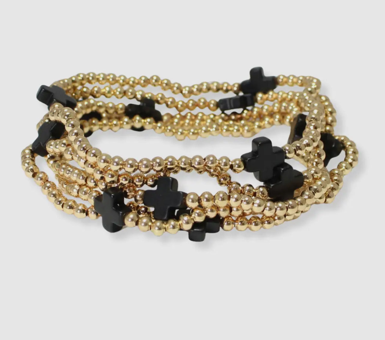 Cross Multi Layered Gold Bead Stretch Bracelet - Black