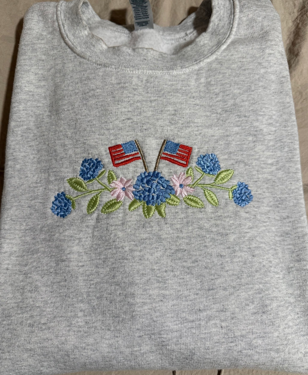 Embroidered Hydrangeas With American Flags Sweatshirt