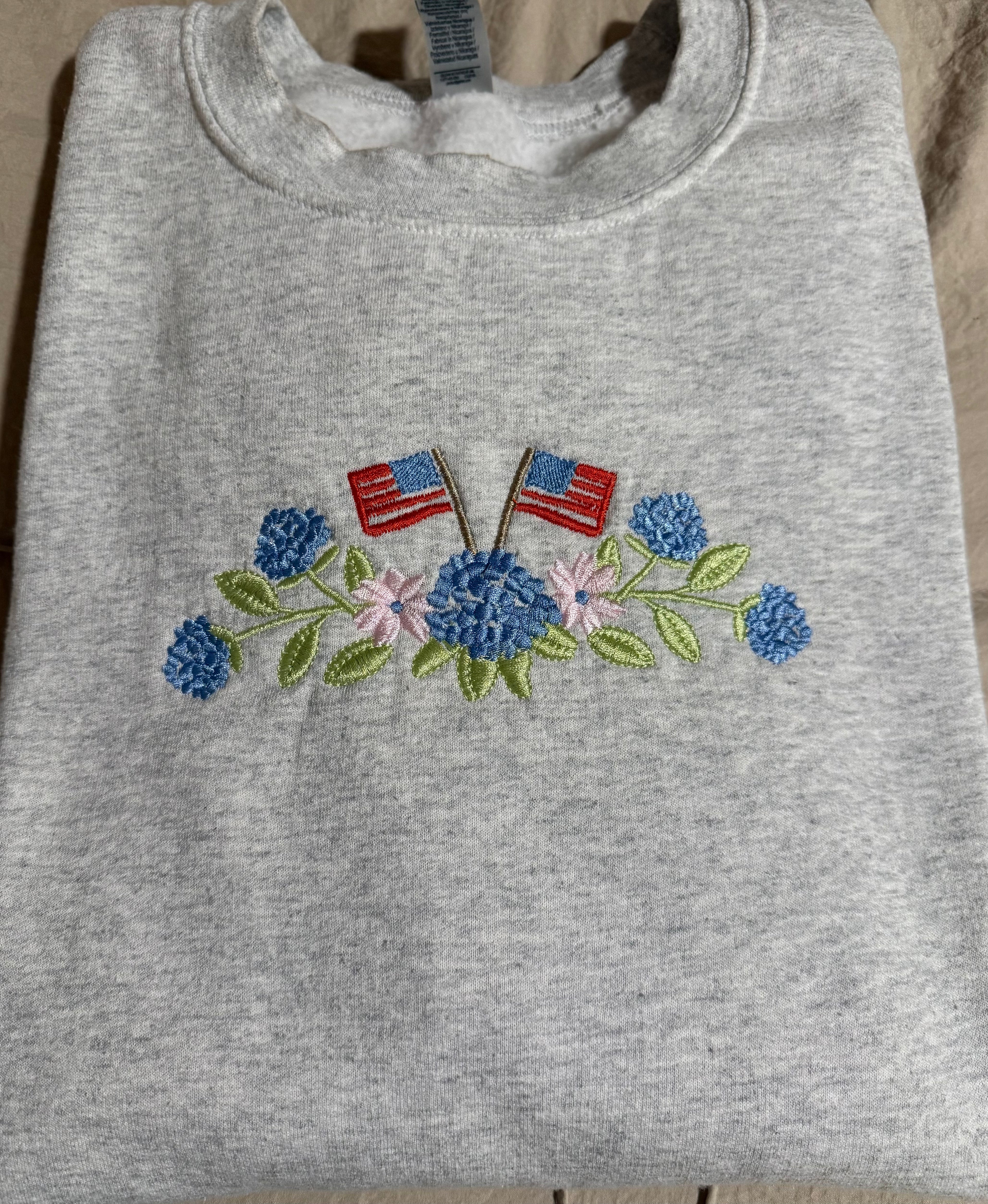 Embroidered Hydrangeas With American Flags Sweatshirt