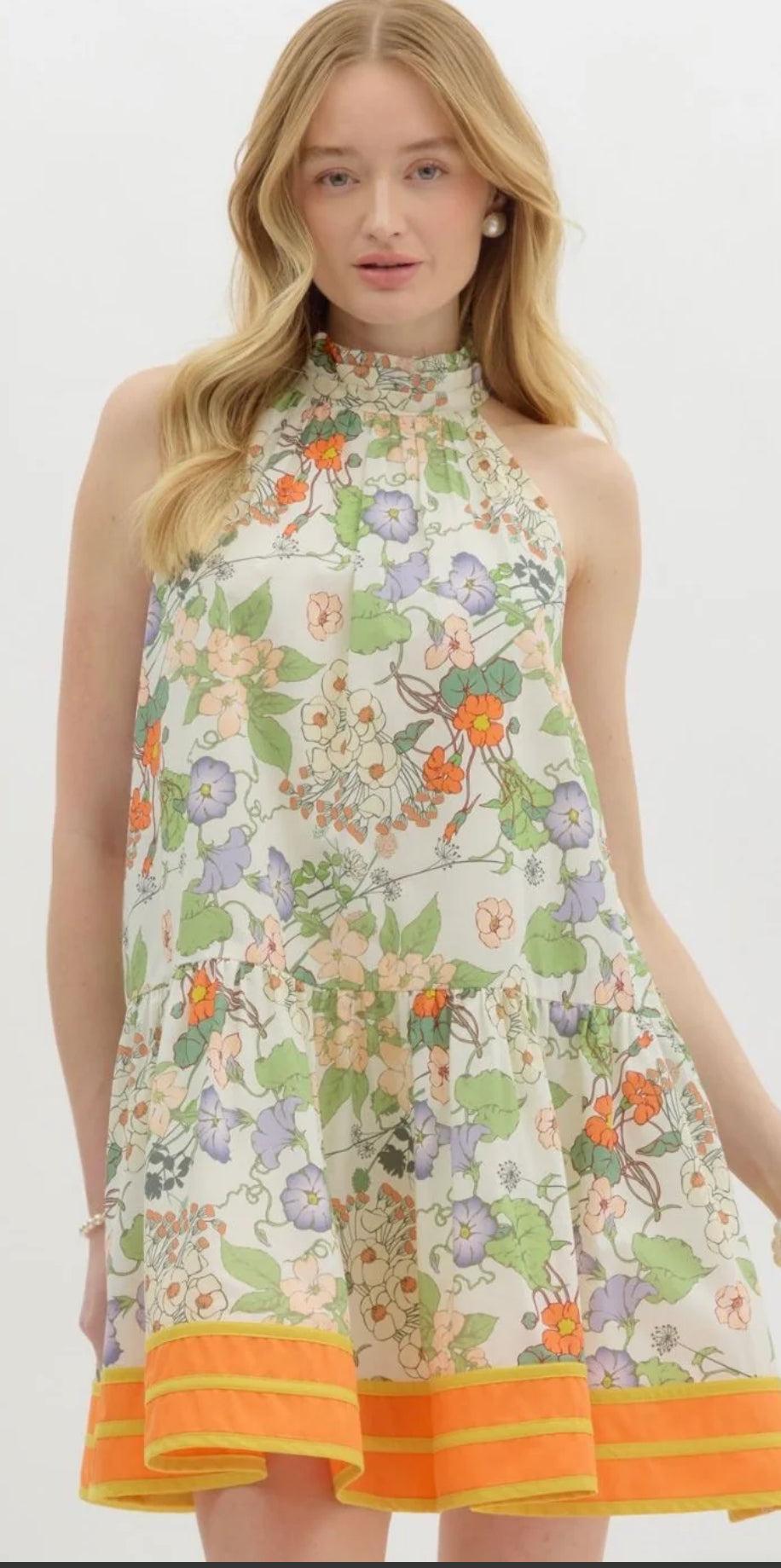 FLORAL HALTER MINI DRESS- GREEN/ORANGE