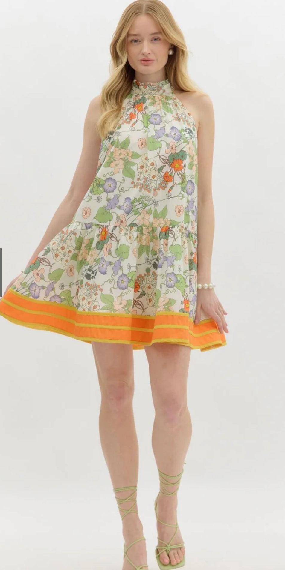FLORAL HALTER MINI DRESS- GREEN/ORANGE