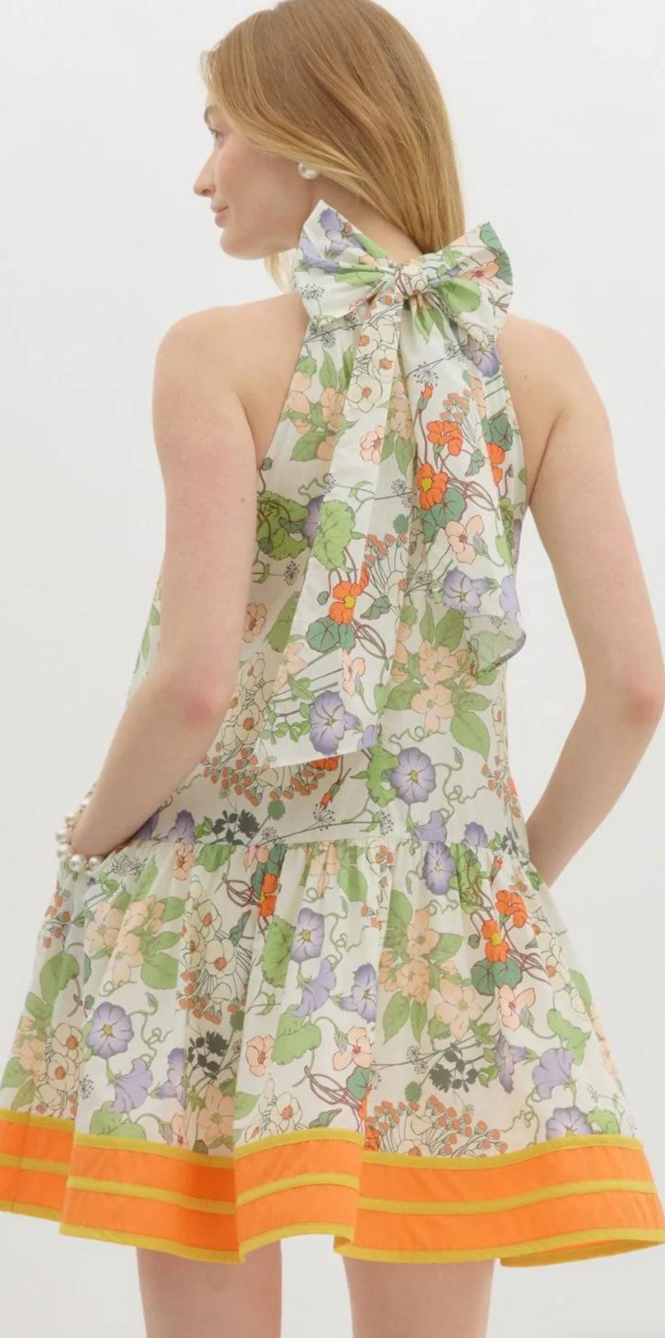 FLORAL HALTER MINI DRESS- GREEN/ORANGE
