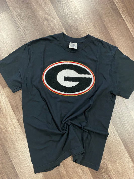 Georgia G Chenille Patch Embroidered on Black Tee