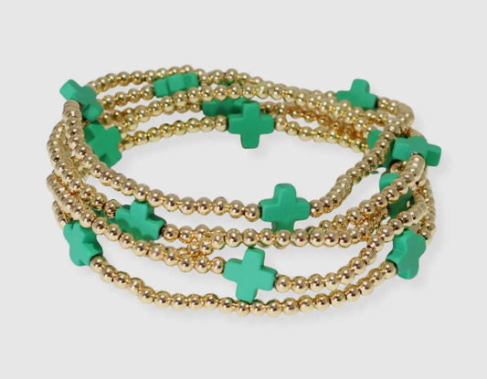 Multi Layered Gold Bead Stretch Bracelet W/ Cross Accent - Green