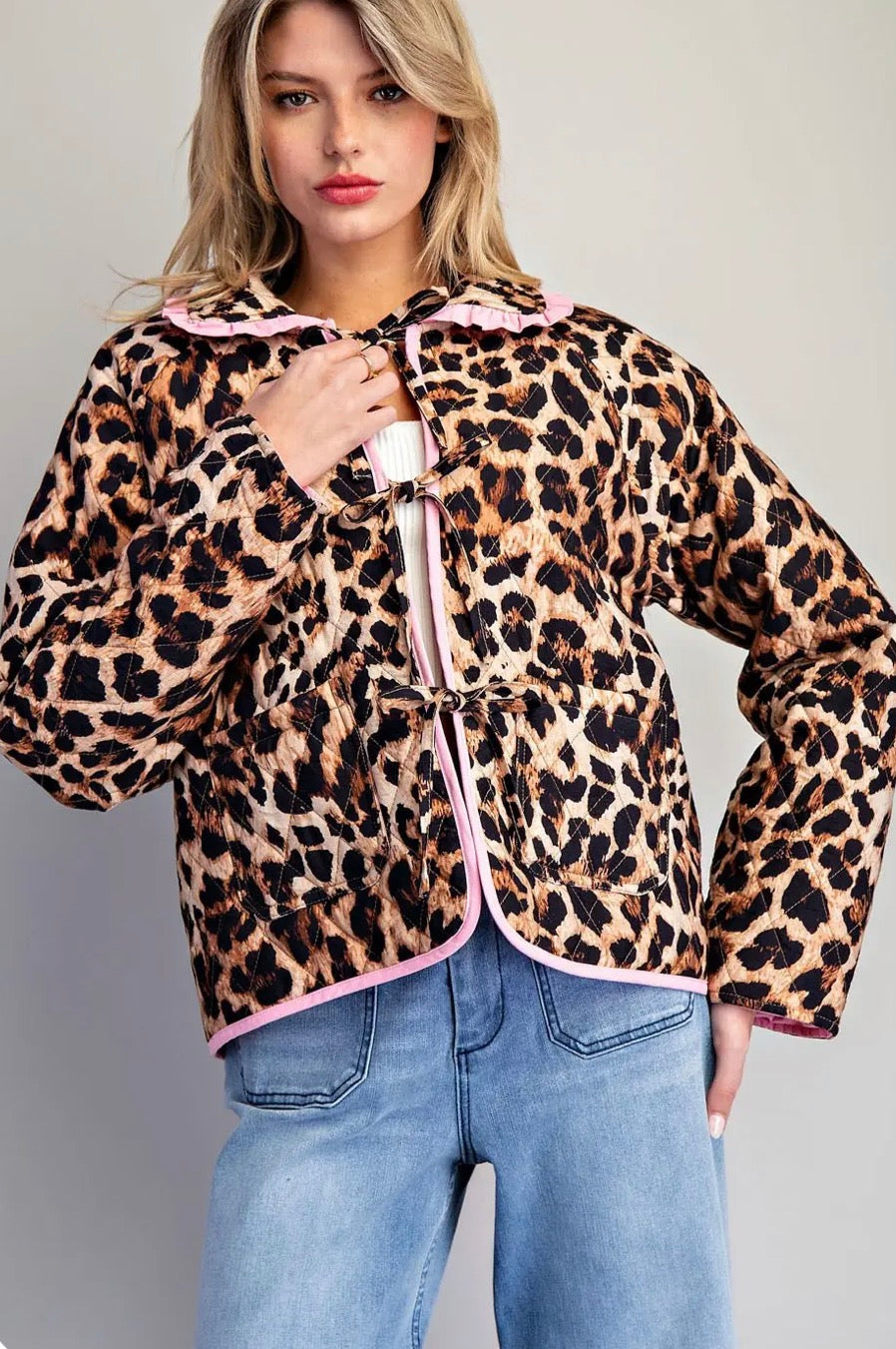 Leopard Quilted Pink Contrast Tie Front Jacket