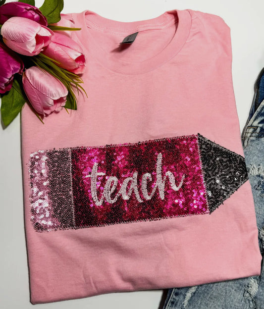 Teacher Pink Pencil Embroidered Short Sleeve Tee