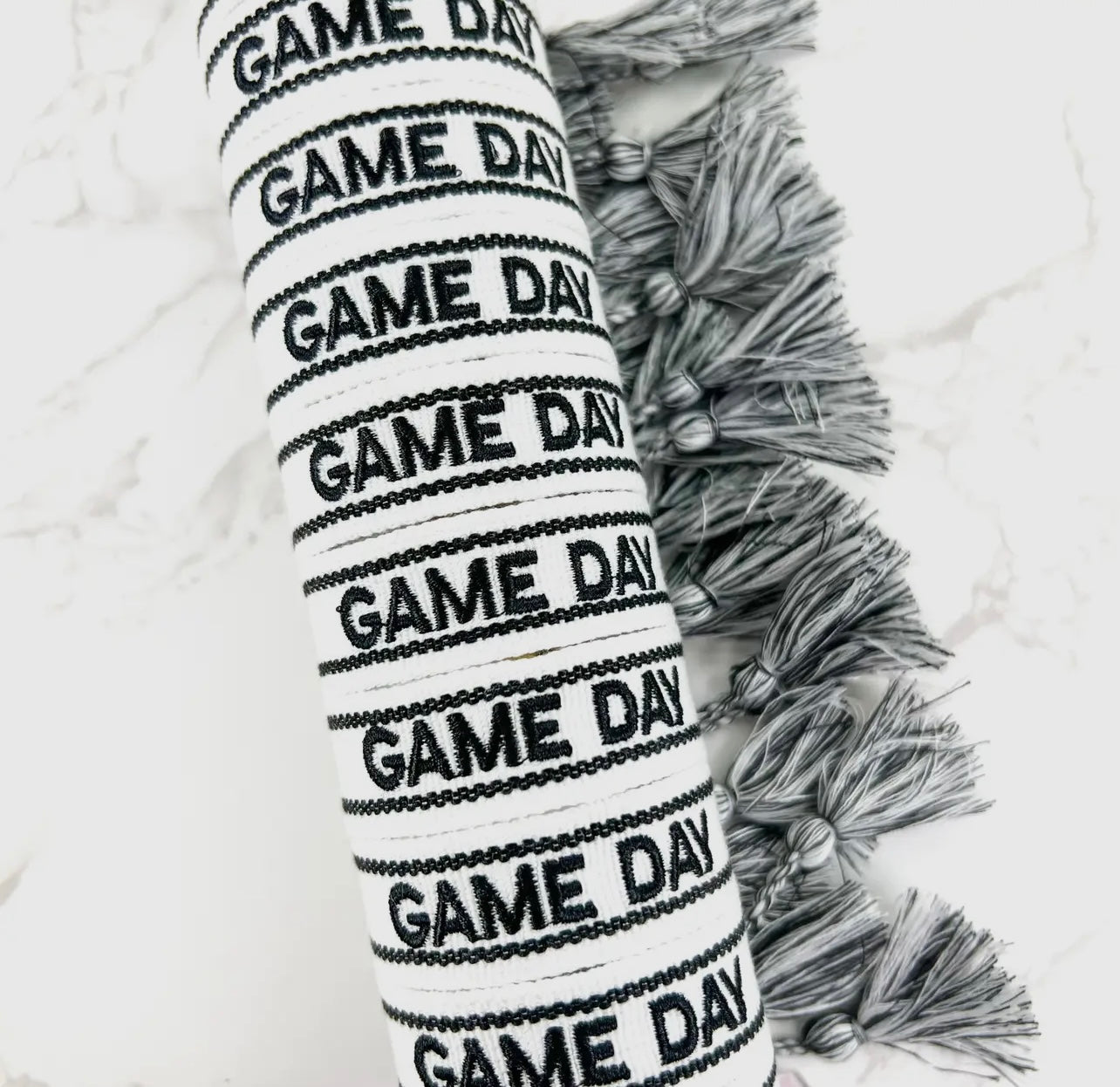 White & Black Game Day Embroidered Tassel Bracelet