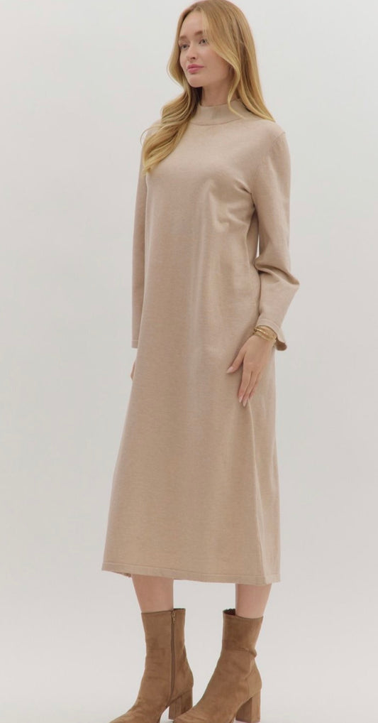 Solid mock neck long sleeve midi dress