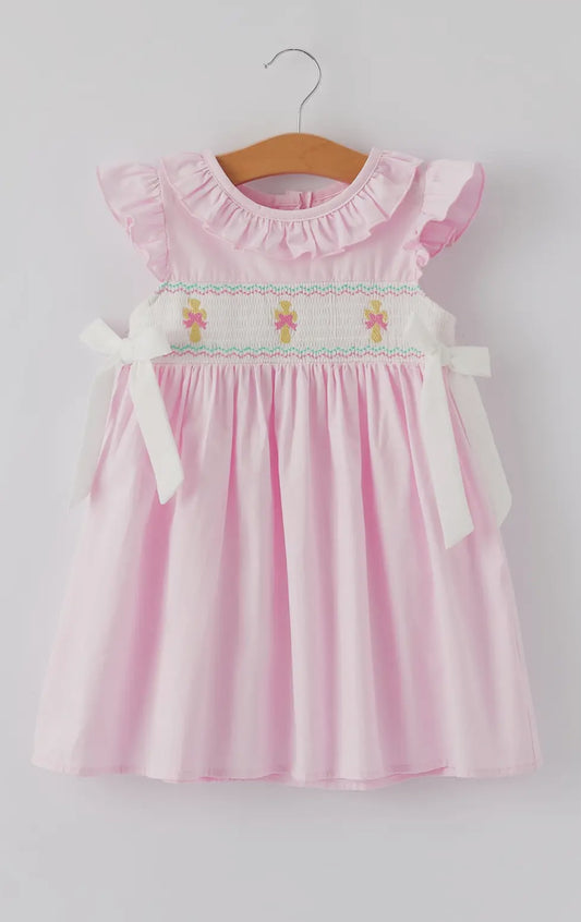 Smoking Easter Embroidered Ruffles Girls Pink Dress