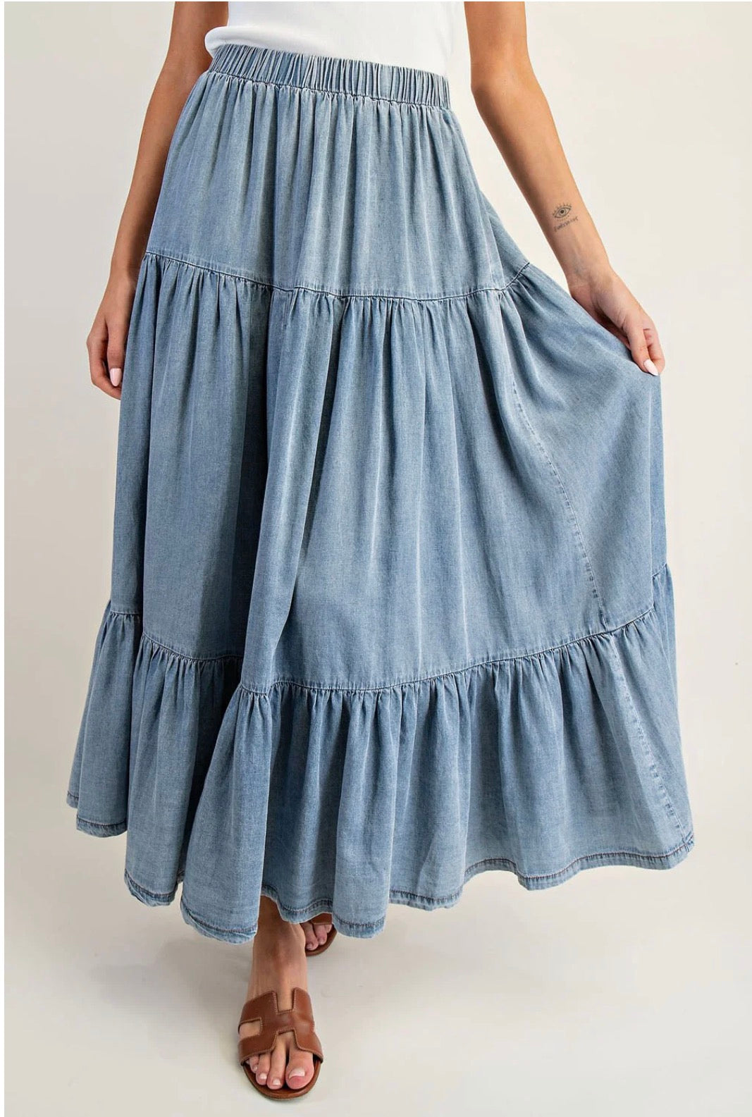 Washed Denim Tiered Long Skirt With Back Elastic Waist Band And Pockets