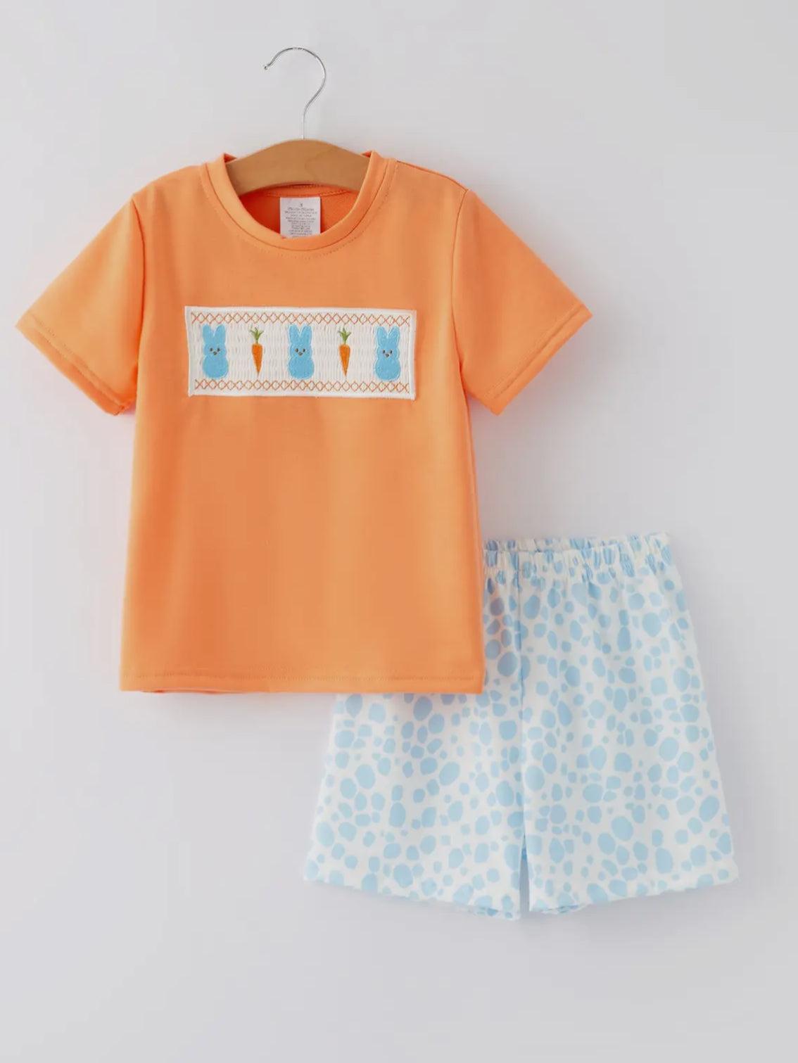 Easter Bunny Carrot Embroidery Smocking Boys Set
