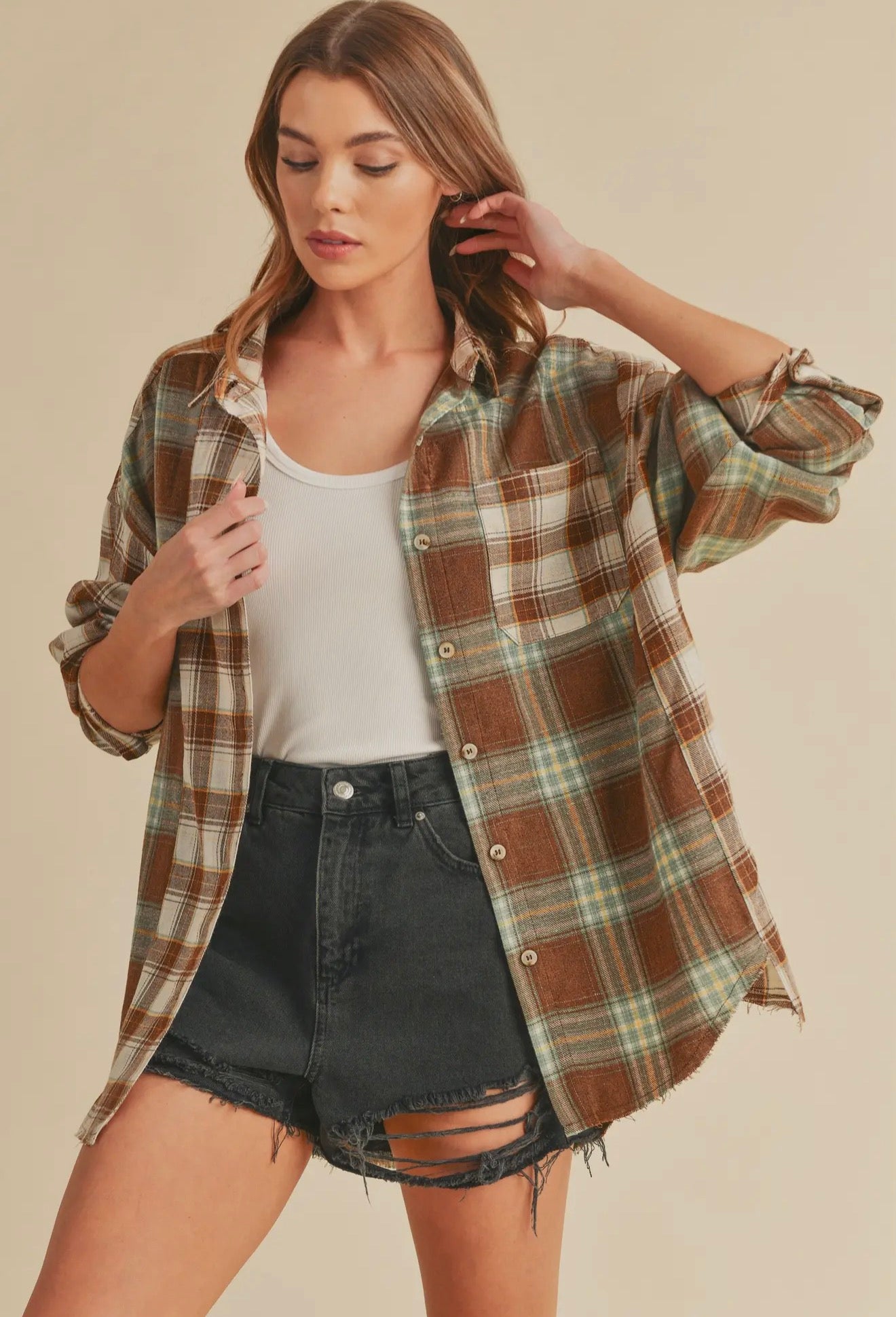Noelle flannel Shirt- Brown/White/Sage