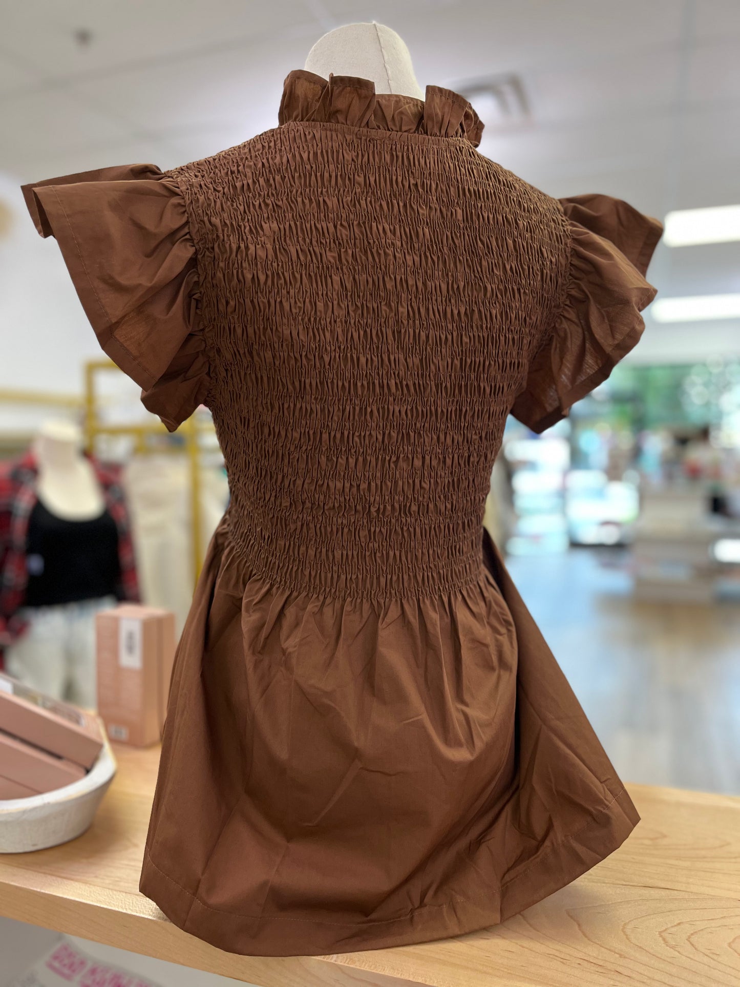 Entro Women’s Cocoa Brown Ruched V-Neck Top with Flare Sleeves