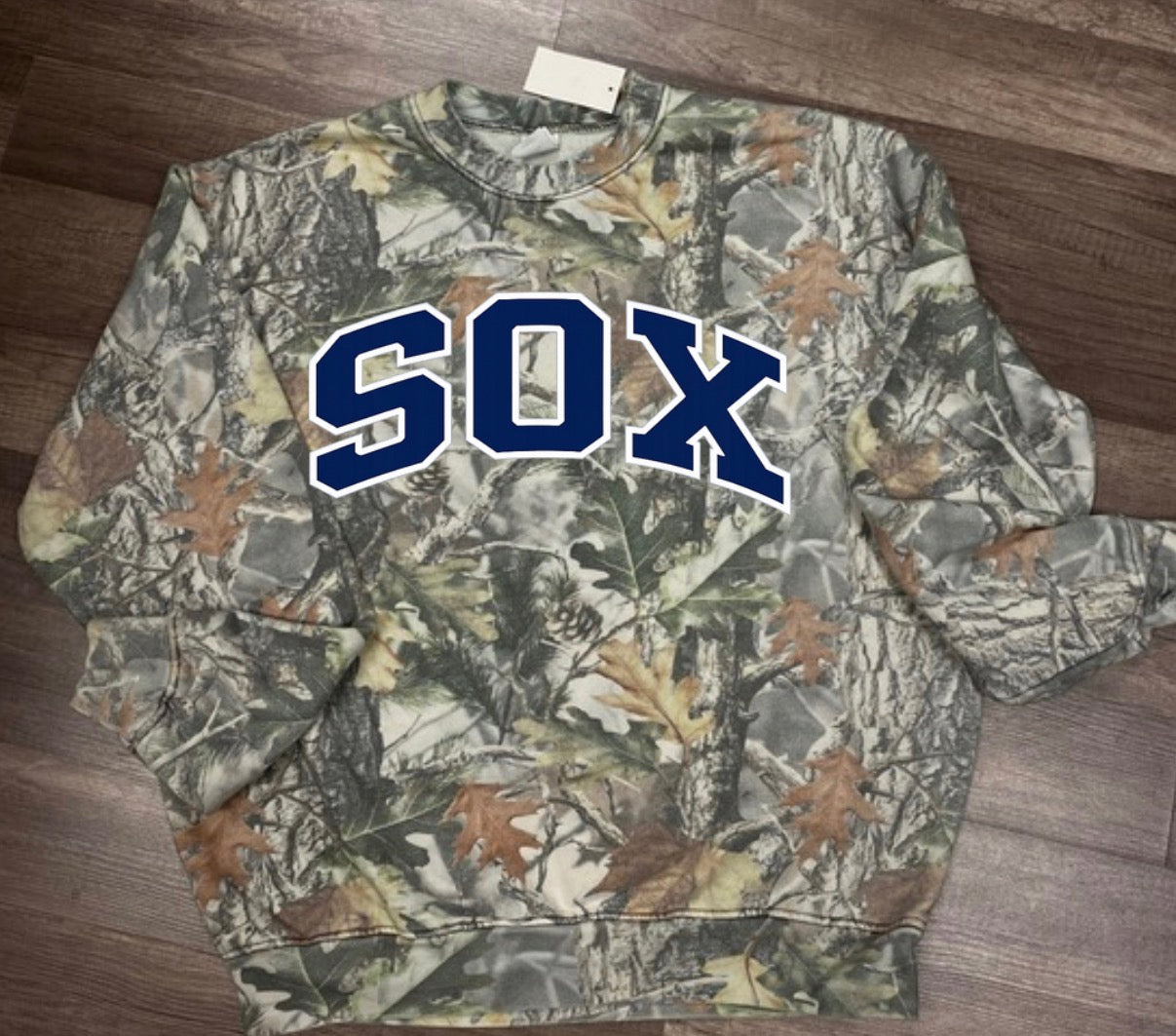 SOX varsity arch on camo sweatshirt