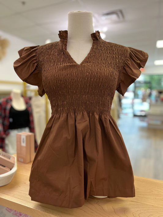 Entro Women’s Cocoa Brown Ruched V-Neck Top with Flare Sleeves