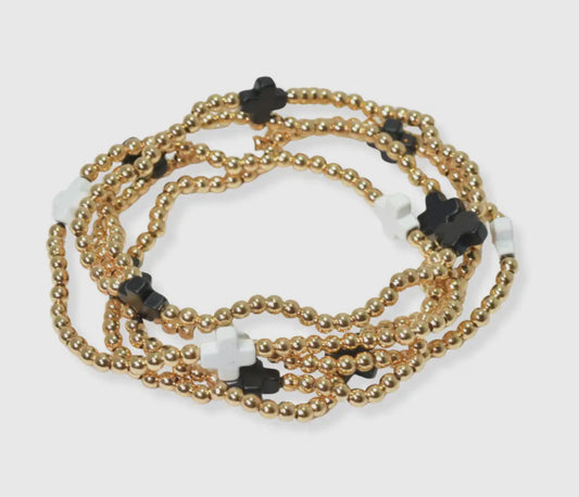 Multi Layered Gold Bead Stretch Bracelet W/ Cross Accent - Black/White