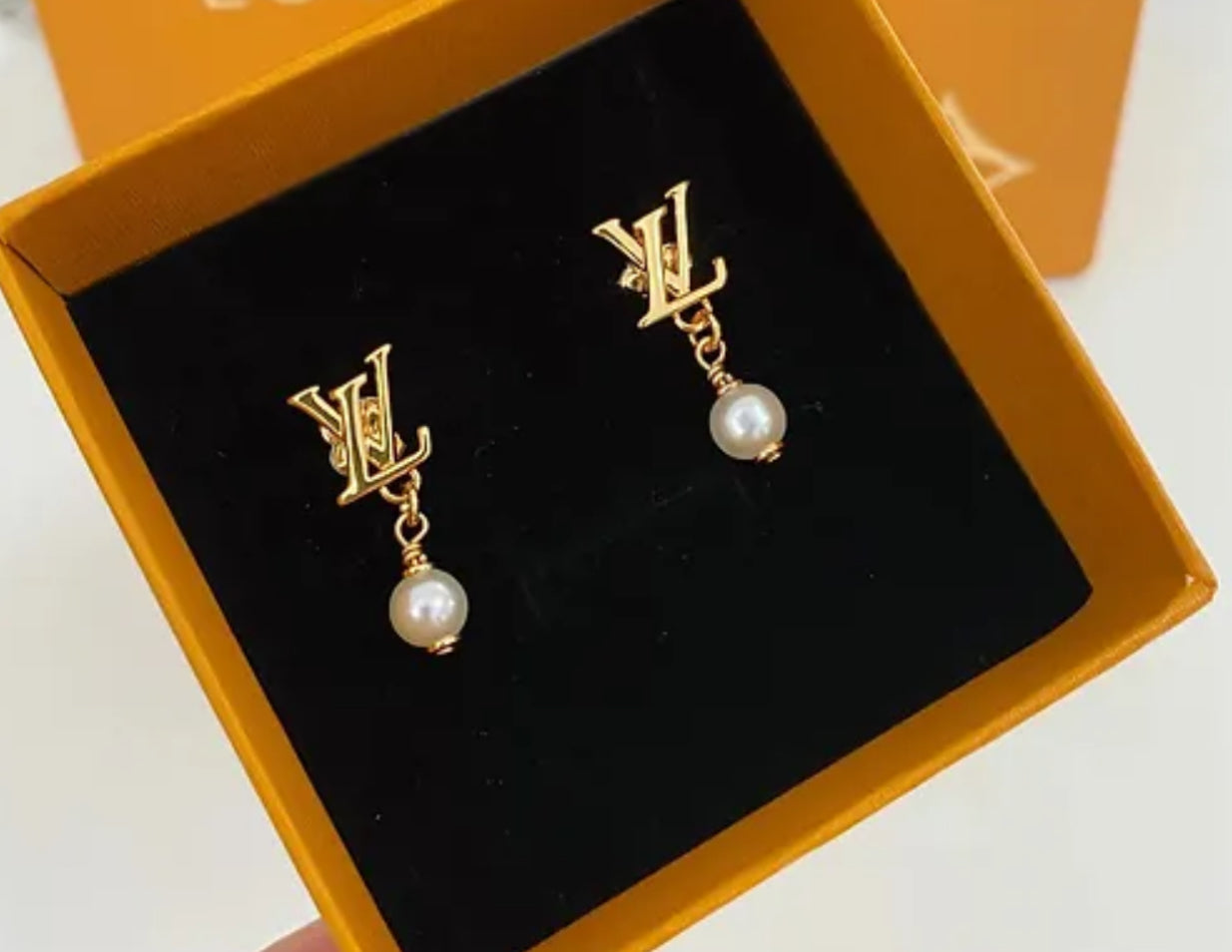 Waterproof Non- Tarnish LV dupe earrings with pearl dangle