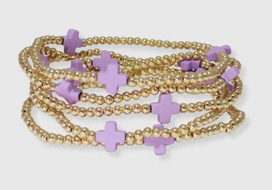 Multi Layered Gold Bead Stretch Bracelet W/ Cross Accent - Lavender