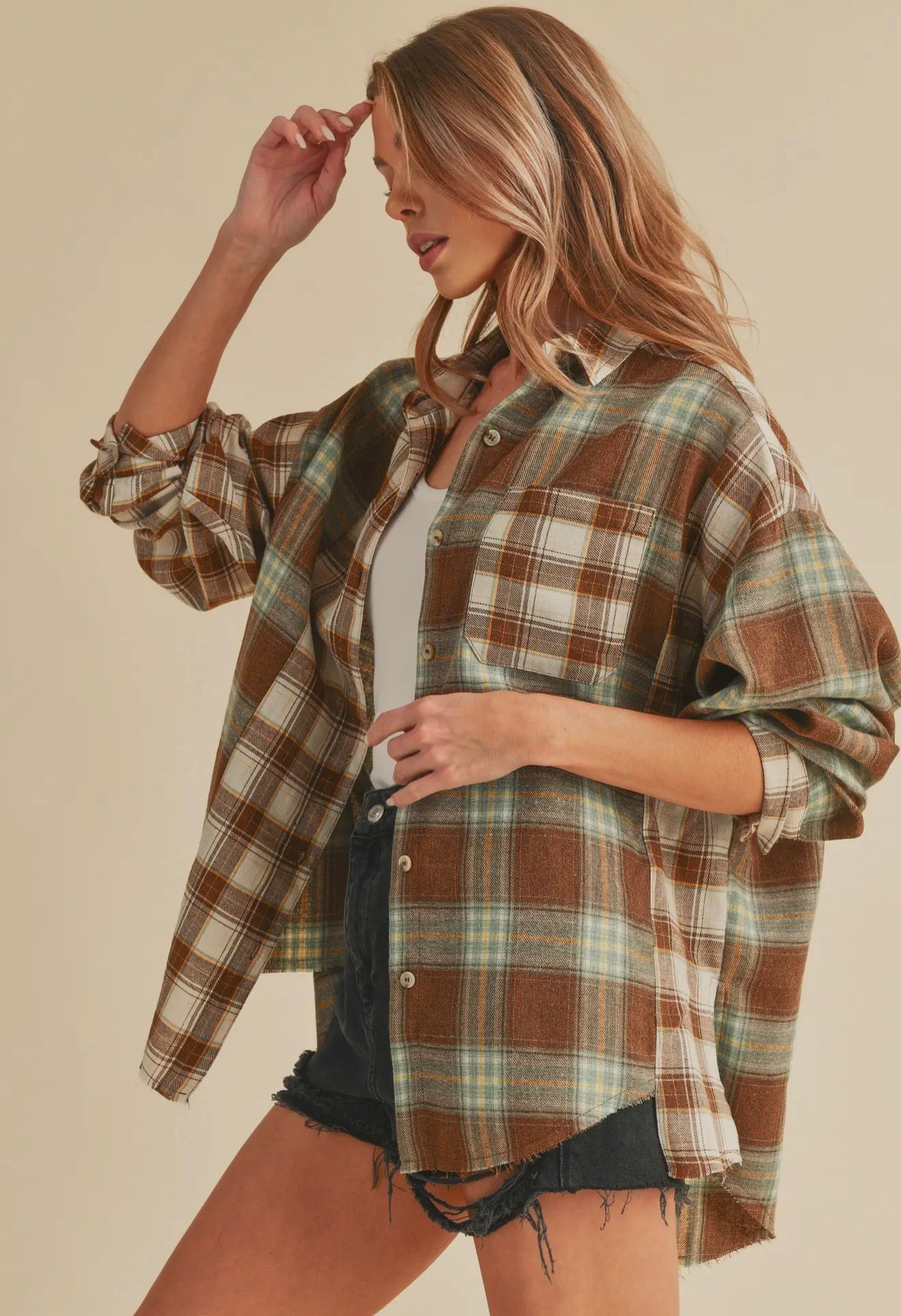 Noelle flannel Shirt- Brown/White/Sage