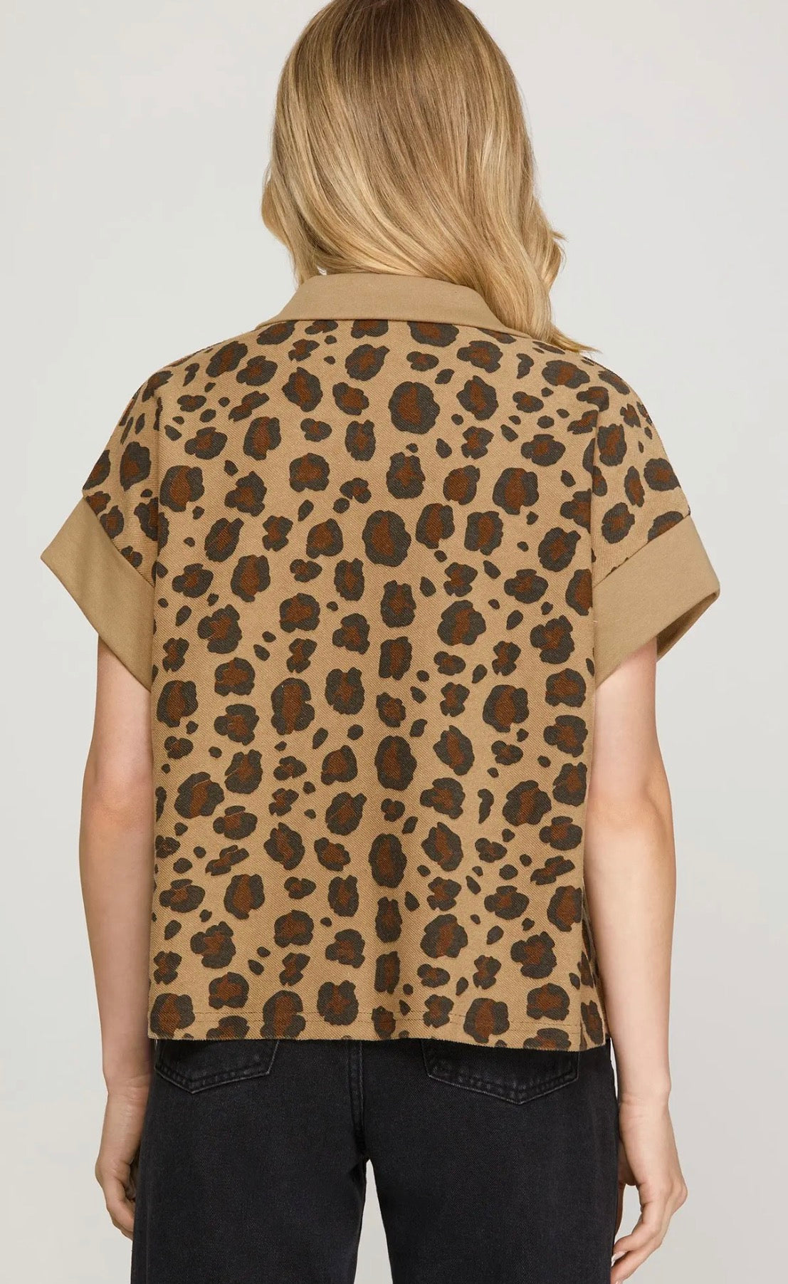 HALF SLEEVE LEOPARD PRINT KNIT HALF ZIP MOCK NECK SWEATSHIRT TOP- set sold separately