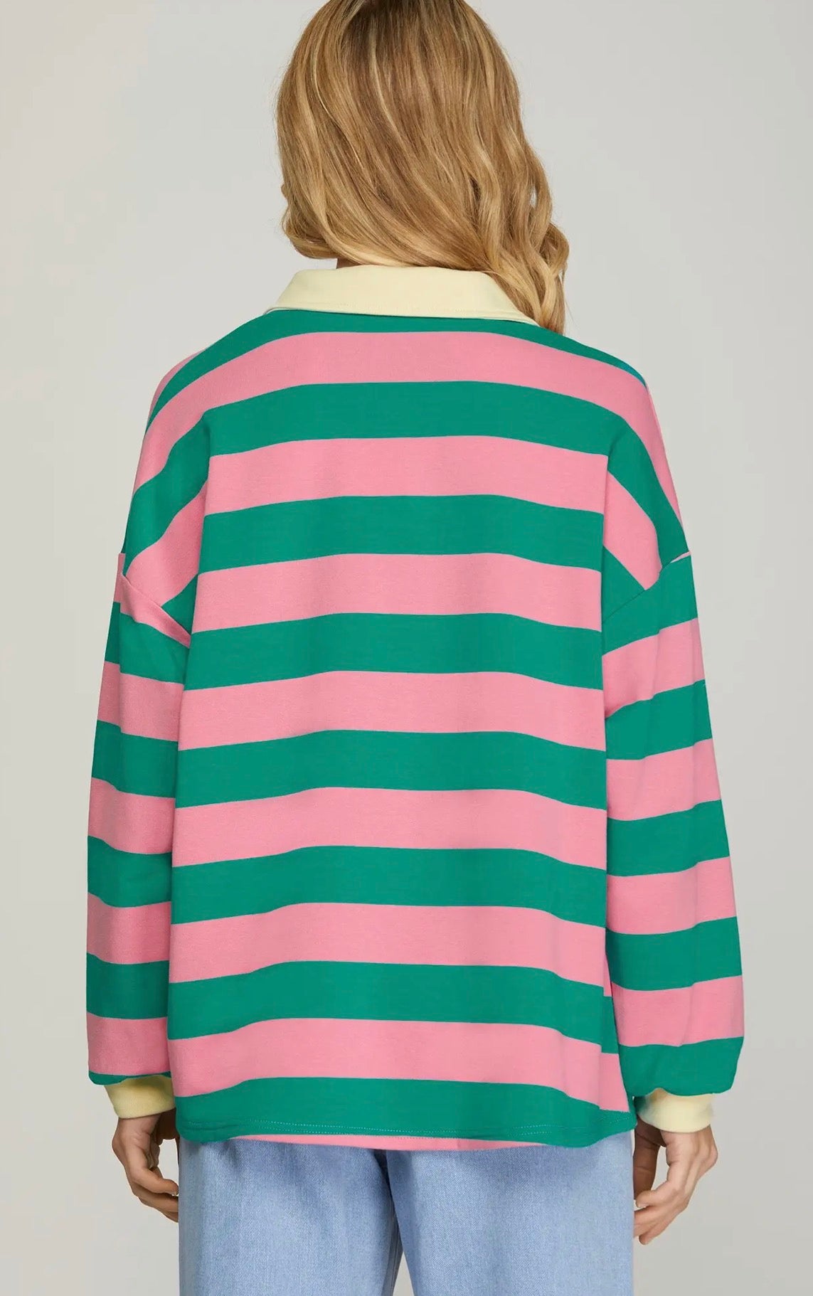 LONG SLEEVE OVER SIZED FRENCH TERRY STRIPED COLLARED TOP