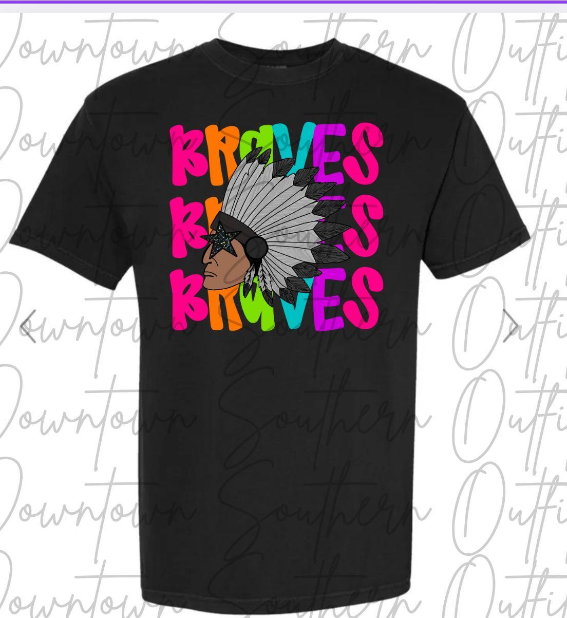 Braves Multi Color Neon Stacked Black Tee