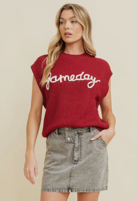 Game day Crimson Embroidered Sleeveless Sweater