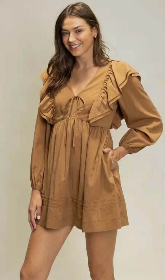 Double Layer Ruffle Detail Mini Dress- Cinnamon