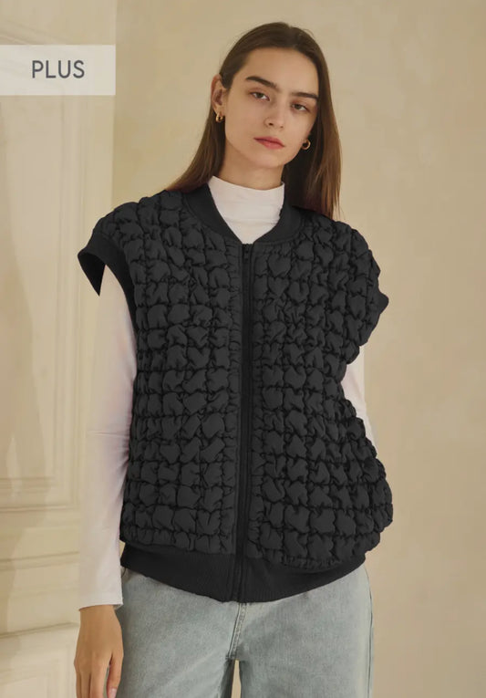 Quilted Vest Jacket, Zipper Closure and Front Pockets - Black