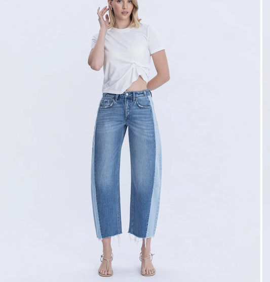 High Rise 2 Tone Barrel Jeans- Blue Memoir