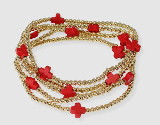 Multi Layered Gold Bead Stretch Bracelet W/ Cross Accent - Red