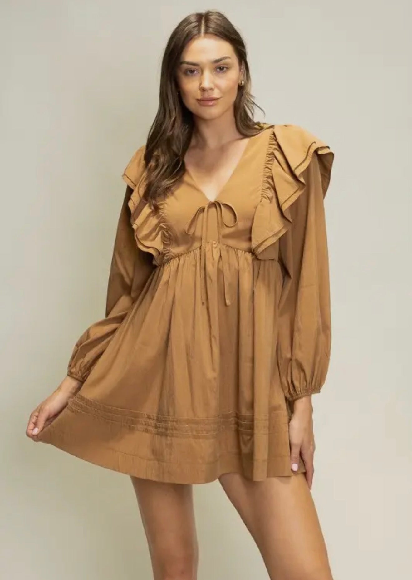 Double Layer Ruffle Detail Mini Dress- Cinnamon