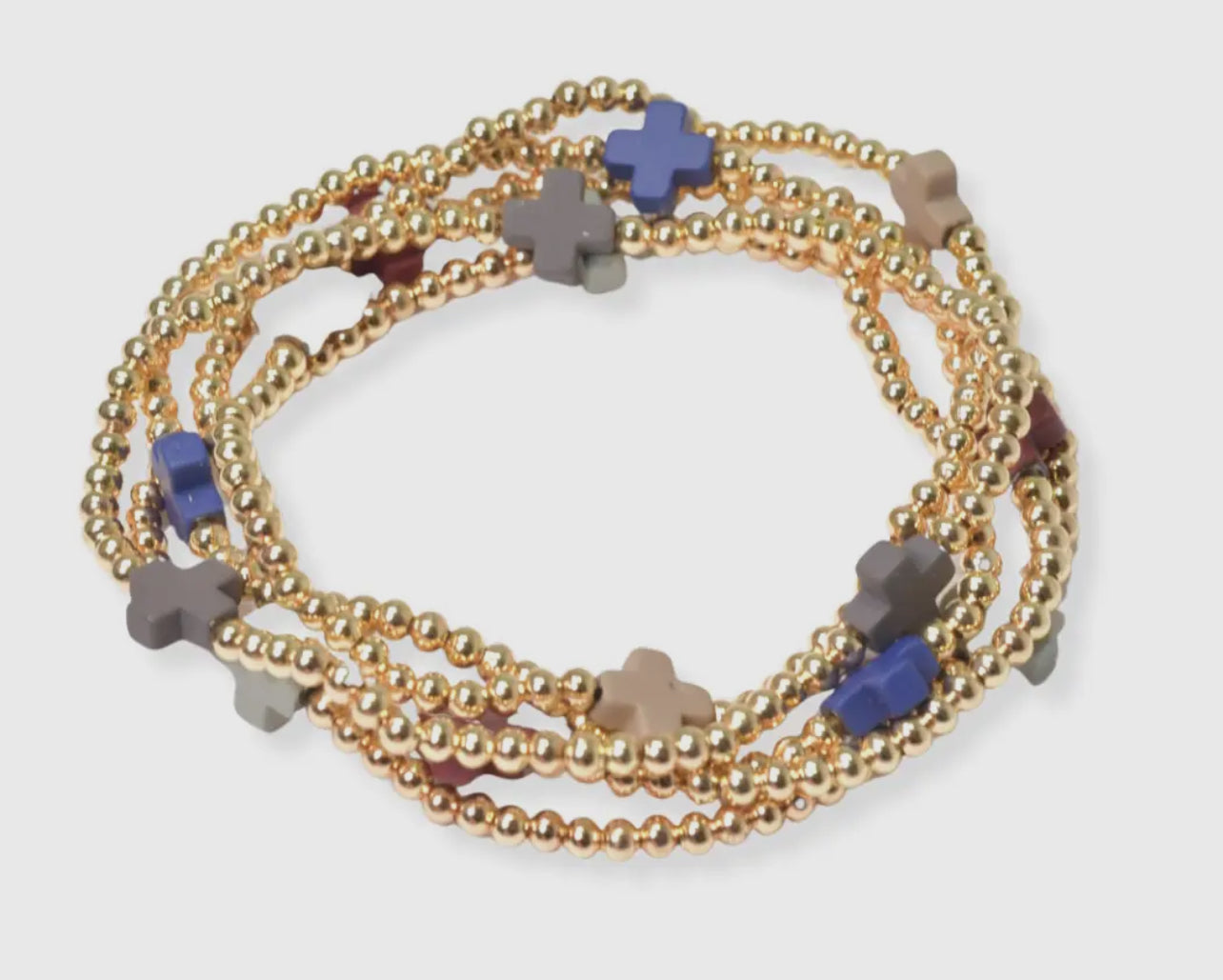 Multi Layered Gold Bead Stretch Bracelet W/ Cross Accent - Gold/Multi