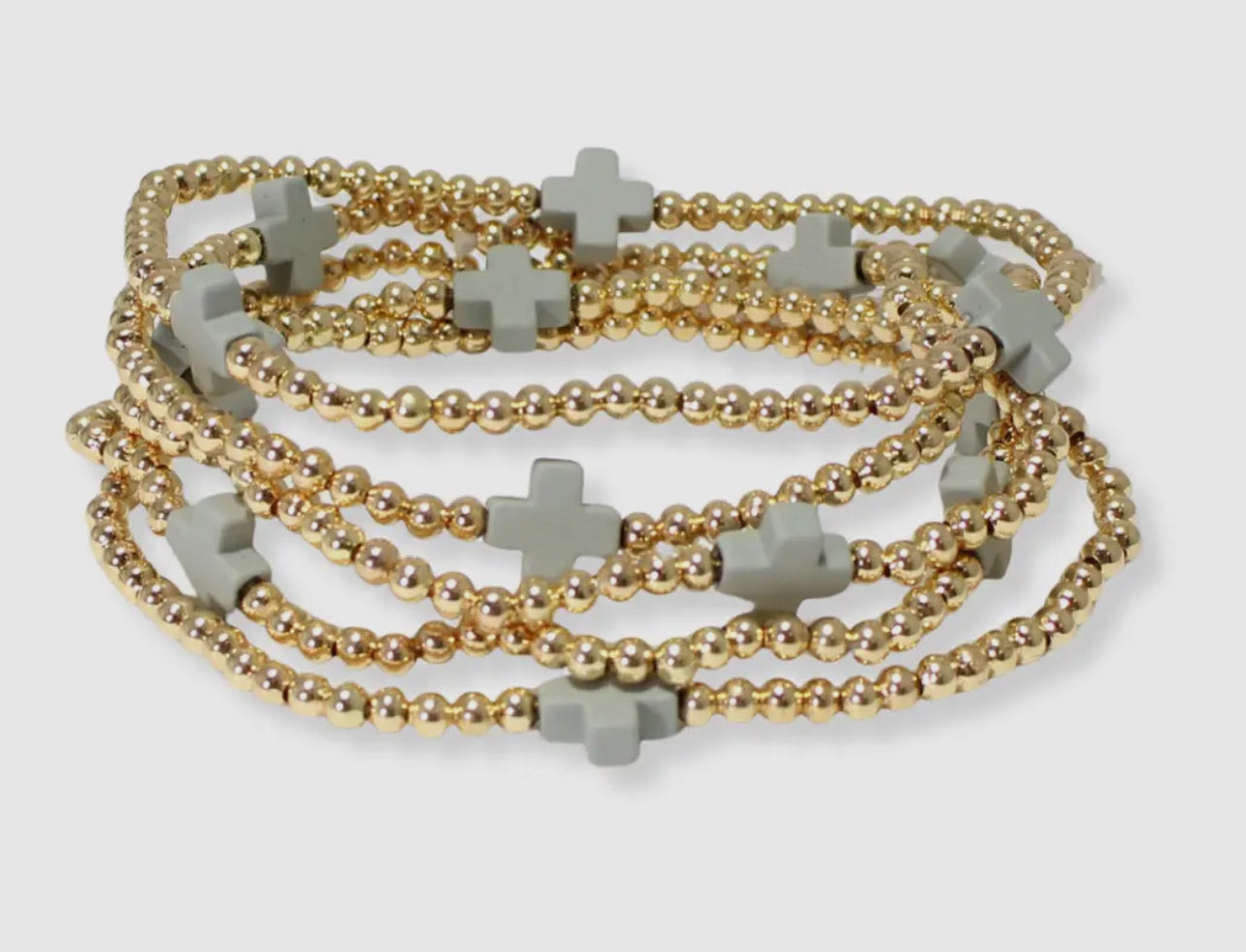 Multi Layered Gold Bead Stretch Bracelet W/ Cross Accent - Gray