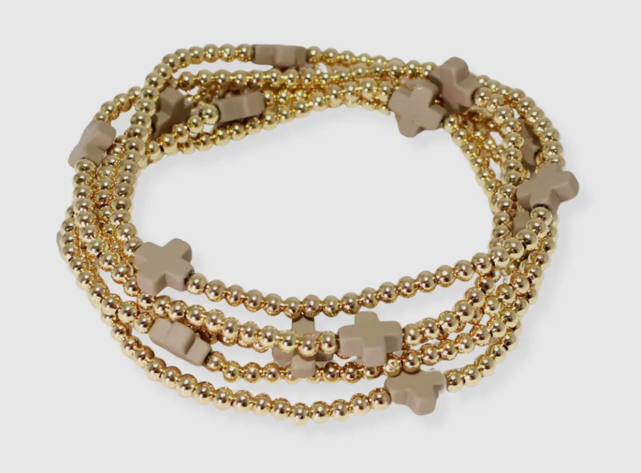 Cross Multi Layered Gold Bead Stretch Bracelet - Taupe