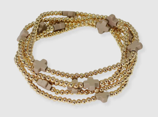 Cross Multi Layered Gold Bead Stretch Bracelet - Taupe